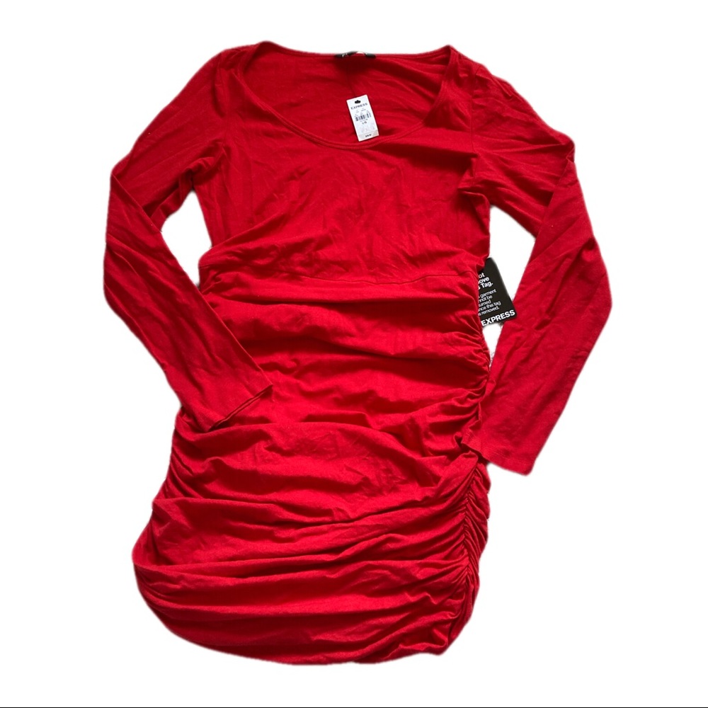 -Brand New- Express Dress Large Red Ruched Bodycon Midi Long Sleeve Stretch